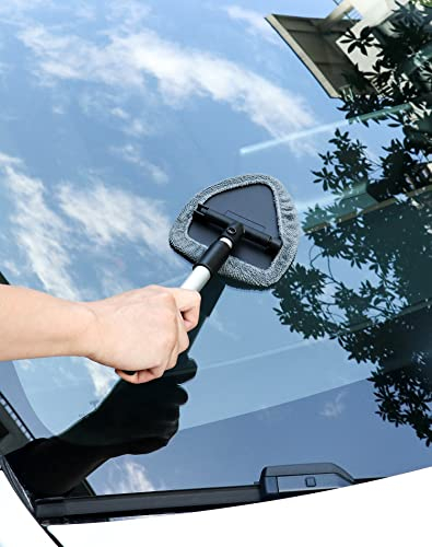 QWORK® Car Windscreen Cleaner, Extendable Car Window Cleaner Tool, Triangle Shaped Plate, 180 Swiveled Handle, Includes 3pcs Washable Pads