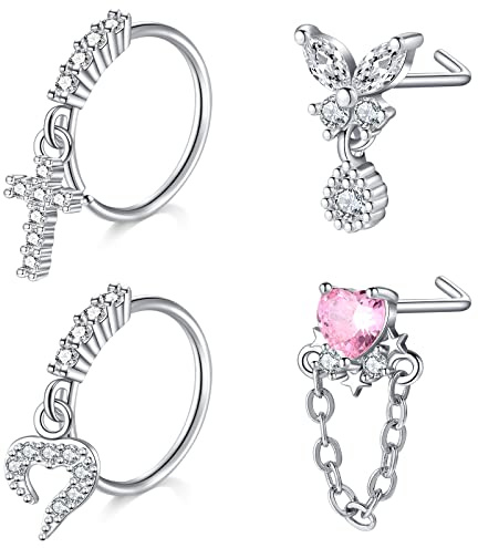 Mayhoop Nasenpiercing Stecker Nasenringe 20G 4Stk Silber Chirurgenstahl L Form Nasenstecker mit Strass für Frauen Männer
