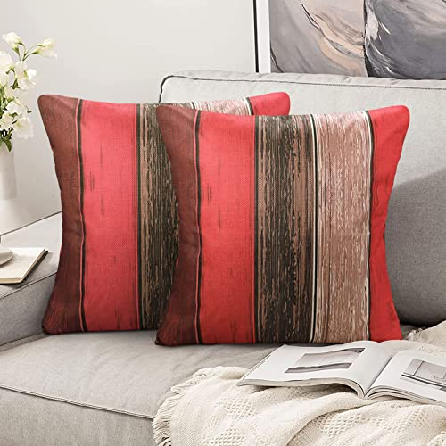 Hanrunsi Kissenbezug Rot 50x50 Leinen Dekokissen Farbigen Streifen Bauernhaus Rustikale Scheune Holz Textur Rot Orange Grau Kissenbezug für Sofa 2er Set