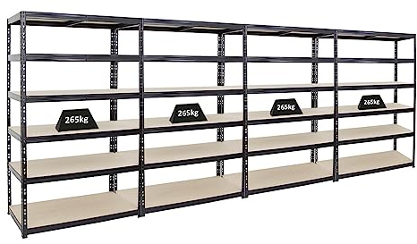PROREGAL Mega Deal | 4X Schwerlastregal Giant Tiger | HxBxT 200x120x60cm | Fachlast 265kg | 6-Ebenen | Schwarz | Garagenregal Kellerregal, Werkstattregal