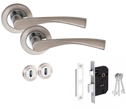 Golden Grace Astrid Design Key Lock Door Handles Set on Round Rose in Duo Chrome Finish with 64mm 3 Lever Mortise Lock & Key Hole