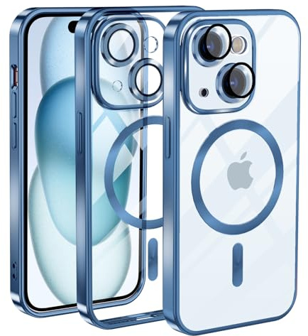 Cover Magnetica iPhone 15 Custodia Compatibile con MagSafe, Protezione Antiurto di Livello Militare Telefono Silicone [Copertura della fotocamera], Blu Trasparente