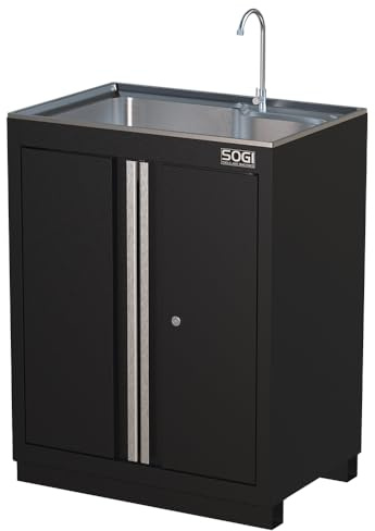 SOGI Werkstattschrank mit integrierter Spüle ARR-M-LAVABO – 2 Türen – 2 Einlegeböden – mit Armatur – 680 x 460 x 900 mm