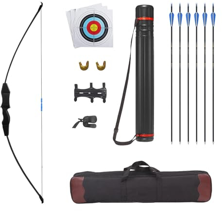 Fiita Bogen und Pfeil Set für Jugend Junior Bogenschießen Longbow 30 Lb Bogen mit 6 Sicherheitspfeilen 10 Ziel Gesichtspapier Armschutz Quiver für Outdoor Sport Spiel Geschenk für den Einstieg