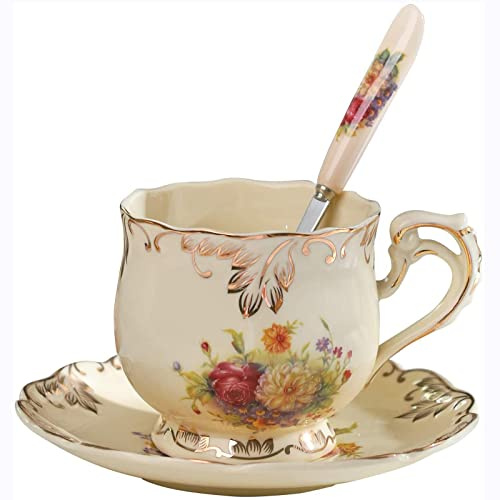 HUAMu Juego de tazas y platillos de cerámica con borde de hoja de oro, 220 ml, diseño vintage inglés