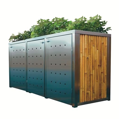 Mülltonnenbox aus Bambus mit Edelstahlrahmen, Lochblechtür und umweltfreundlichem Pflanzdach (Für 3 Tonnen à 240 Liter)