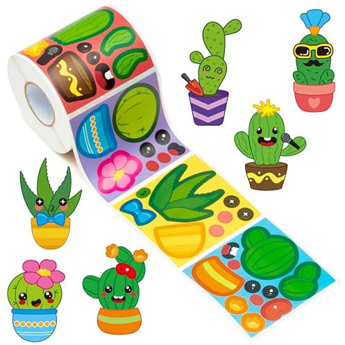 Haooryx 300 Stück Make A Cactus Face Scene Sticker Roll Make Your Own Cartoon Happy Face Cactus Sticker Decals Mix and Mtach DIY Art Craft Sticker for Kid's Kids Birthday Party Favors Supplies