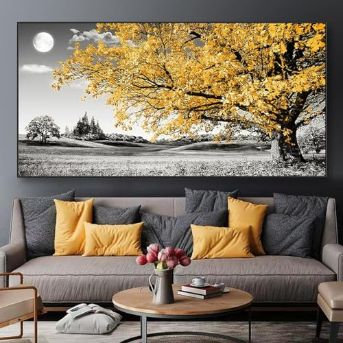 AWKFHF Jaune Couleur Arbre Lune Arbre De Vie Paysage Tableau Décoration Murale,Toile Peinture Affiche Chambre Salon Décoration (60X120CM,sans Cadre)