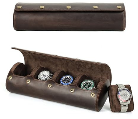 YUONNY Uhrenrolle Reiseetui für Damen Herren, 4 Slot Echtleder Uhren Aufbewahrungsbox, Vintage Tragbare Uhren-Organizer und Display mit Abnehmbaren Kissen für 4 Uhren oder Armbänd Coffee