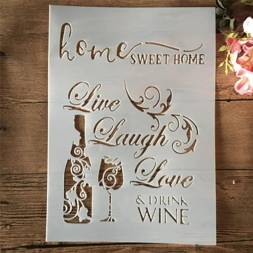 Schablonen zum Malen auf Holz, A4, 29 cm, Motiv: Wein und Zuhause, wiederverwendbare Schablonen zum Malen, Schablonen zum Basteln, wiederverwendbar, Wandschablone