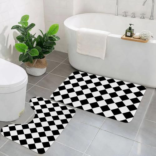EYLOZS Badezimmerteppich Set 2 Teilig Waschbar rutschfeste Badematte Toilettenmatte Weich Saugfähige Badteppiche,Schwarz-weiß Karierte Bodenfliesen. Textur