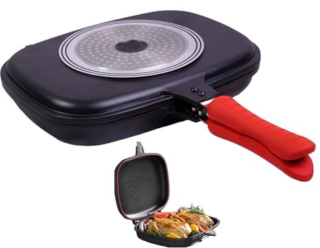 Meridiana® Padella Fornetto Doppia Griglia INDUZIONE 32x24cm Bistecchiera Piastra Double Grill in Pietra Antiaderente corpi separabili Antiaderente effetto pietra chiusura ermetica girafrittata (32CM)