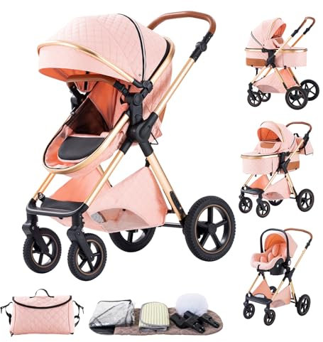 BEBBY Multifunzionale Carrozzina Passeggino Trio Combinazione Passeggino 3 in 1 Passeggino Ovetto Pieghevole Set Passeggino Neonato Sedili Parapiedi Zanzariere H2-PINK