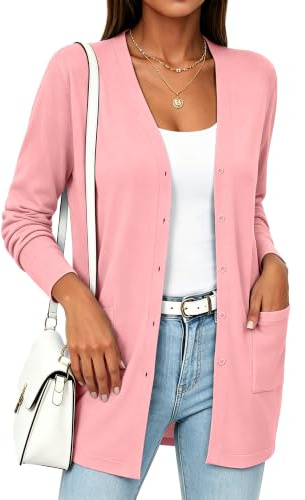 YUNDAI Womens Long Knit Cardigan Open Front Button Sweater with Pockets | Lightweight knitted cardigan, long sleeve design, open front style, soft solid color, ideal for daily wear and layering