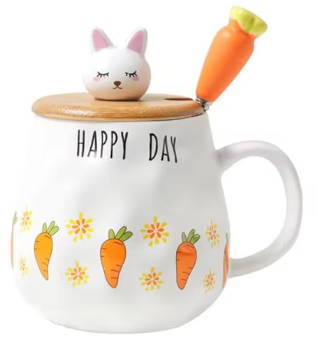 Anicy Taza Conejo de café de cerámica para niños de decoración de Pascua, 400 ml, taza de café con tapa, regalo de té con cuchara de acero inoxidable, dulce taza de regalo para mujeres
