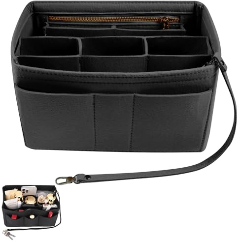 Pmueuff Taschenorganizer,Handtaschen Organizer aus Filz,Taschen Organizer Shoppern mit Fächer und Reißverschluss Tote Bag 27 × 16 × 15 cm (Schwarz)