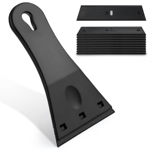 UIHRLM Plastic Scraper, Black Plastic Scraper Tool Non Scratch with 10 Razor Blades, Multipurpose Bigger Handle Cleaning Tool for Remove Stickers, Glue, Labels, Decals, Sticky Stuff Residue