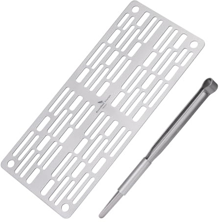 iBasingo Titanium Grill Plate with Kitchen Tongs Camping Backpacking Picnic Mini Size Grill Grid Barbecue Cooking Kit Charcoal BBQ Rack for Outdoor Kitchen (Ti2023C+Ti1014T)