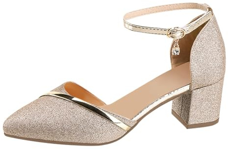 Escarpins Femmes Bas Talon Carré Elegant Paillettes Bride À La Cheville Bout Pointu Chaussures Talons Chunky pour Robe Mariage Soirée Dansante