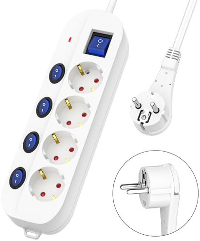 Realmade 4-Fach-Steckdosenleiste für den Hausgebrauch mit Einzelschaltern + Hauptschalter, Kindersicherung und Überlastschutz. Mehrfachsteckdose mit 3 m Kabel (weiß).