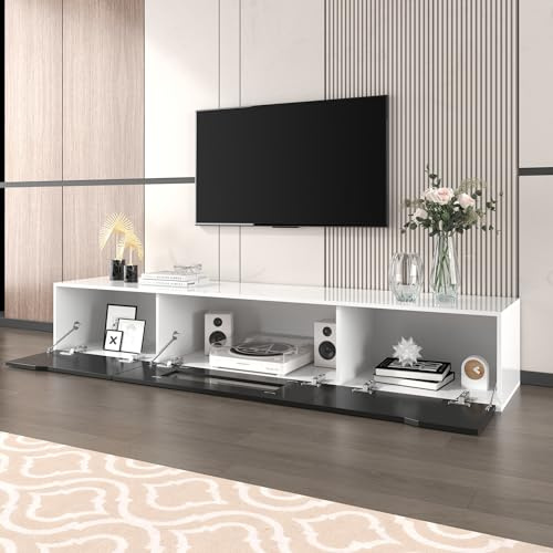 OKMYHOME Meuble TV avec Éclairage LED - 3 Compartiments de Rangement - Panneau de Particules (MDF) - 180 x 35 x 30 cm - Noir et Blanc