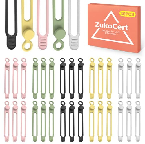 ZukoCert 30 Pcs Silicone Cable Ties, Reusable Rubber Twist Ties & Gear Ties, Flexible Silicone Zip Ties & Cord Ties for Wire Management and Organization, 5 Colors