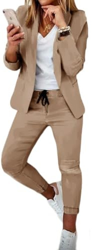 Generisch Elegante tuta da lavoro, set di pantaloni blazer, tuta da due pezzi, giacca a maniche lunghe, slim set, tinta unita, a righe, quadrata, 2 pezzi, tuta da donna elegante
