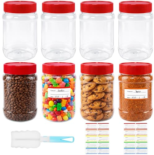 Amentalove 8PCS 500ml Plastic Storage Jars with Screw Lids, Screw Top Plastic Containers, Round Clear BPA-Free Airtight Food Storage Containers with Brush & Labels for Kitchen, Spices, Sweets, Herbs