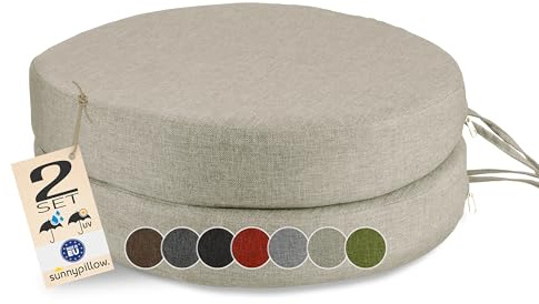 sunnypillow 2er Set Stuhlkissen Rund Ø 40 cm wasserdicht UV-lichtecht, 7cm dick - Outdoor Polsterauflage mit Bändern - Auflage für Stühle,Bänke - Sitzkissen Stuhlauflage für Haus, Garten - Cremefarben