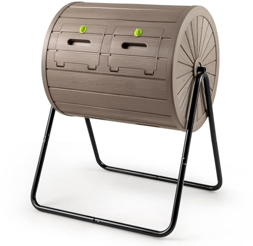 GOPLUS Compostador de Doble Cámara, Contenedor de Compostaje de Exterior de 142 L con 2 Puertas Bloqueables y Soporte Metálico, Compostador sin BPA Giratorio de 360° para Desechos de Jardín (Café)