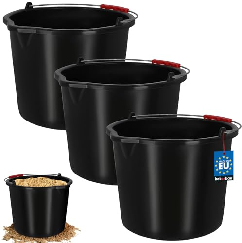 KOTARBAU Set of 3 construction buckets, 16 L, mortar bucket, plastic bucket, cleaning bucket with spout and handle, black, tool bucket, round, construction bucket