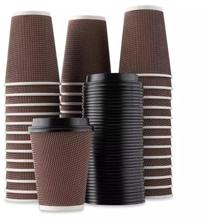 100 x 12oz Brown Ripple Triple Wall Cups 3-PLY Disposable Insulated Paper Coffee Cups with Black SIP Through LIDS