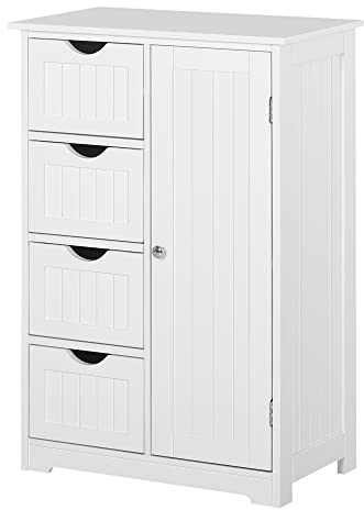 kleankin Armario Auxiliar de Baño Mueble para Baño con Puerta 4 Cajones y Estante Ajustable para Cocina Salón 56x30x83 cm Blanco