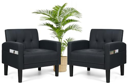 AILEEKISS Accent Chairs Set of 2 for Living Room, Upholstered Comfy Armchair, Modern Leather Single Sofa Chair with Side Pockets, Reading Arm Chairs for Bedroom, Office (2, Black Leather)