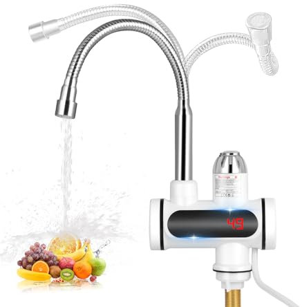 3000W Instant Hot Water Faucet, 220V Electric Water Heater Faucet with LED Digital Display, 360° Rotating Stainless Steel Electric Hot and Cold Mixing Faucet