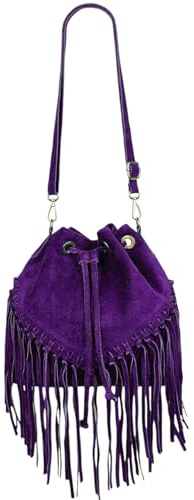 Modarno Borsa a Secchiello in Pelle Scamosciata con Frange 26x13x26 cm (Viola)