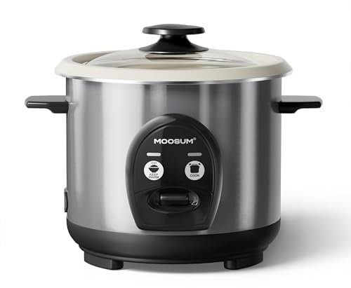 MOOSUM Rice Cooker with One Touch & Food Steamer,0.6L-3Cups,For 1-2 People,Fast Cooking Without Burning,Removable Non-Stick Coating incl,Keep-Warm 24h, Silver