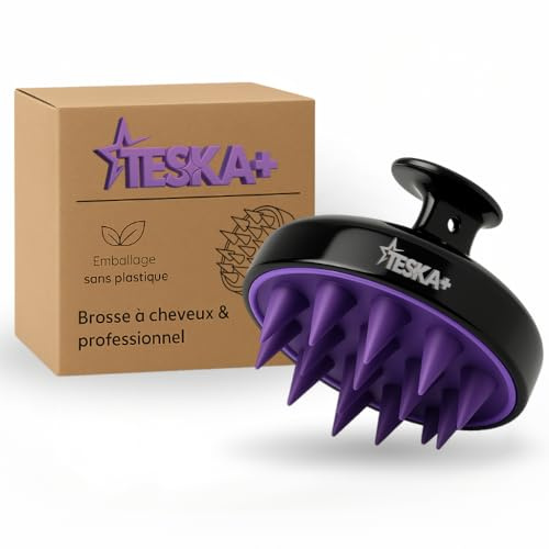 TESKA+ Brosse à Massage Cuir Chevelu Anti-Pelliculaire – Stimule la Croissance des Cheveux, Poils Doux et Ergonomique pour Tous Types de Cheveux (Noir et Violet)