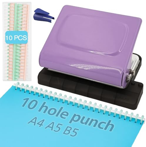 Aucscott 10 Hole Punch Binding Machine Kit for Planner (Purple) with 10 Multi-Color Spiral Coils, Adjustable A4 A5 B5 Paper Puncher, DIY Notebook Scrapbook Maker for Home Office School Organization