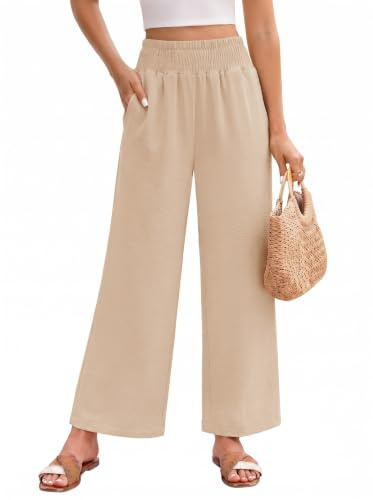 HEEKPEK Pantaloni Donna Estivi Leggeri Pantaloni Comodi Larghi Casual Elastico Vita Alta Solido Sciolto Lunghi Palazzo Pantaloni Gamba Dritta Casual Spiaggia Jogging con Tasche (Kaki, S)