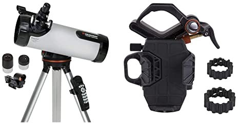 Celestron 31150 LCM 114 Short Computerised Reflector Telescope, Silver & 81055 NexYZ 3-Axis Universal Smartphone Adapter, Patented Design Black