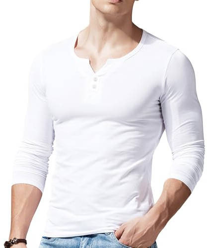Camiseta Henley Slim Fit Manica Manga Larga Hombre con Botón Camisas Algodón Vino Blanco M