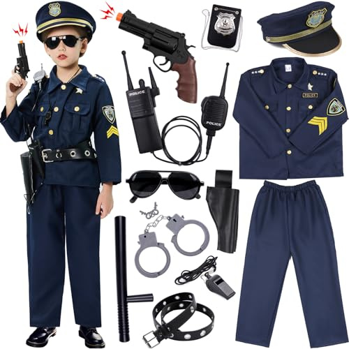Polizeianzug Kinder mit Polizei vorgibt, Spielzubehör Polizeiausrüstung Polizei Shirt Hose Hut Gürtel Sonnenbrille Handschellen Polizeispielzeug Rollenspiel Kostüm Zubehör für Kinder Jungen Mädchen