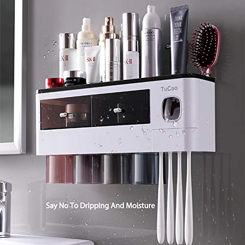 TuCao Automatischer Zahnpastaspender Wand platzsparendem Zahnbürstenhalter für Badezimmer, 4 transparente magnetische Becher, 7 Zahnbürstenschlitze, 1 Kosmetik-Organizer-Schublade (4 Tassen)