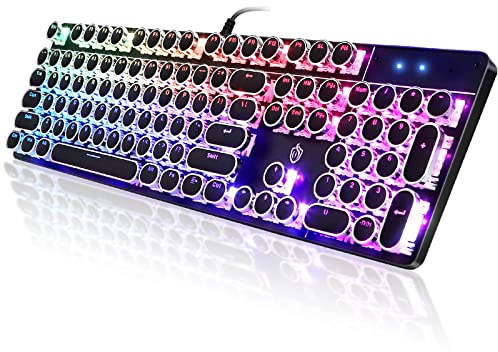 YSCP Clavier de jeu mécanique de style machine à écrire rétroéclairé RVB filaire avec interrupteur bleu, clavier rond rétro 104 touches, compatible avec ordinateurs portables/Chromebook/ordinateur de