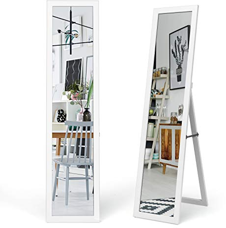 COSTWAY 2 IN 1 Ganzkörperspiegel, Standspiegel und Wandspiegel mit Holzrahmen, Ankleidespiegel 37 x 155cm, Garderobenspiegel für Schlafzimmer, Wohnzimmer und Eingangsbereich (Weiß)