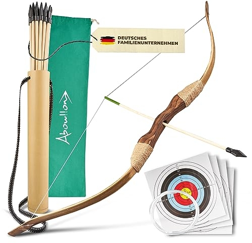Abowllon® Set de Arco y Flechas de Madera con 12 Flechas, Carcaj, Bolsa de Almacenamiento & 4 Dianas | Arco para Principiantes, Equipamiento Deportivo al Aire Libre para Jóvenes