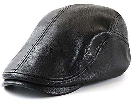 Ueither Hombre Gorras Planas Ajustable PU-Cuero Sombrero Gatsby Ivy Irish Golf Cabbie Hat 56-60 CM (Negro)