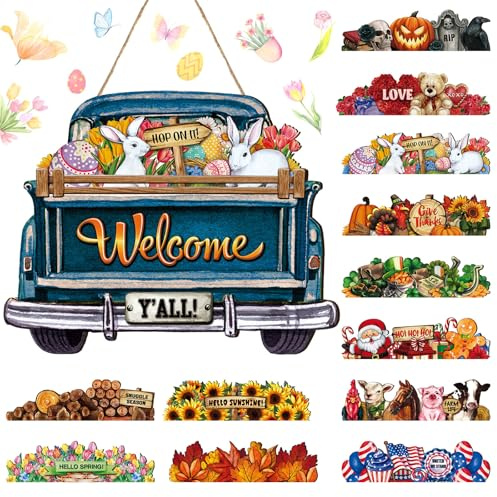 Ferraycle 13 Pcs Easter Interchangeable Door Sign for Front Door Farmhouse Truck Decor Rustic Hanging Welcome Sign with 12 Interchangeable Seasonal Holiday Decor for Easter(Cute Color)