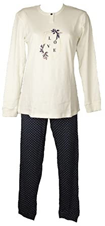 RAGNO Pigiama Donna Caldo Cotone Interlock Invernale Collo Serafino Manica Lunga Pantalone Lungo Articolo DE15N1, 117F Fantasia Marino, Taglia 48